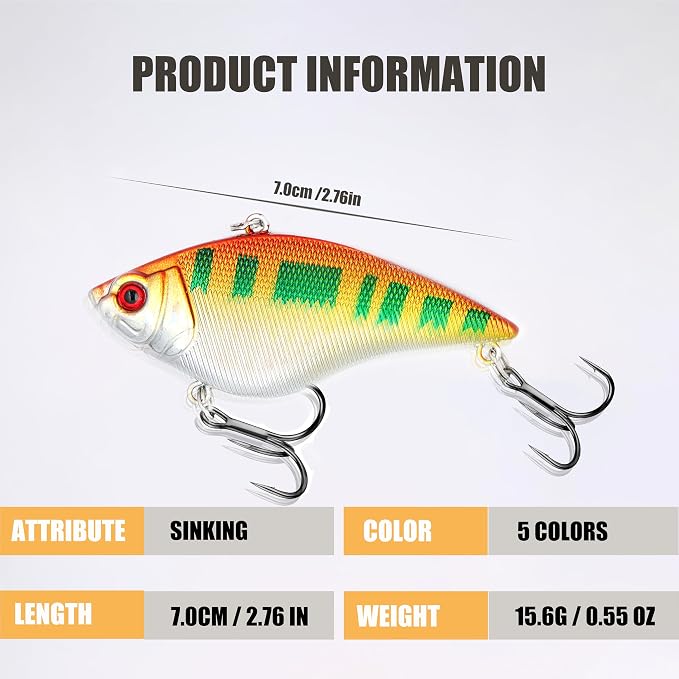 EXAURAFELIS Lipless Crankbait Fishing Lures Fishing Gear Vibration Lures VIB Lure with Treble Hook Swimbait FishingBait Sinking Lure for Bass Trout Walleye Redfish