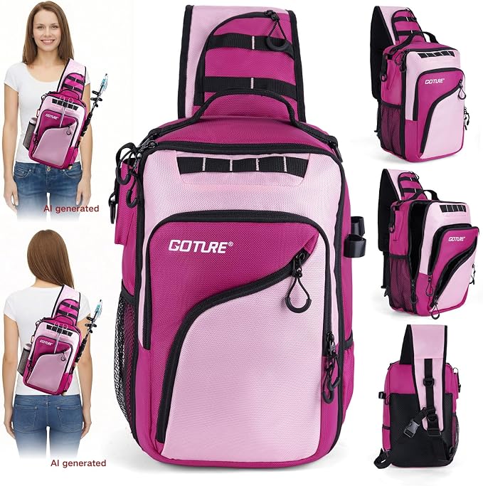 Goture Pink Fishing Tackle Bag, 1680D Water-Resistant Sling Fishing Backpack with Rod Holder, Anti-Slip Waist Strap, 3 Fishing Tackle Boxes, Fishing Gifts for Women Girls