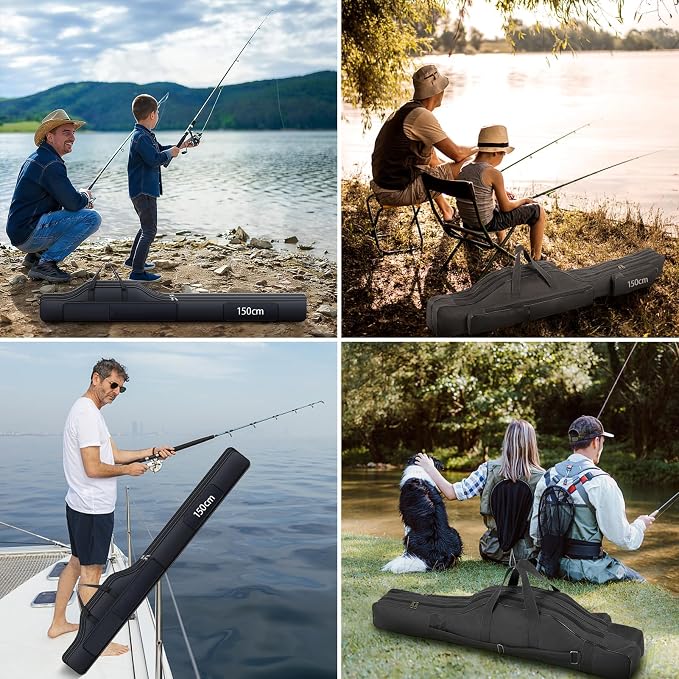Fishing Rod Case with Fishing Tackle Box Portable Folding Rod Case Pole Reel Storage Bag Gears Organizer (150CM)