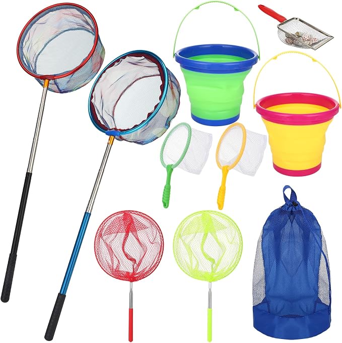 2 Pack Telescopic Kids Fishing Net with Handle, 2 Collapsible Bucket Sand Pail, Stainless Steel Foldable Fishing Net Small Fishing Butterfly Bug Net Beach Shovel with Storage Bag