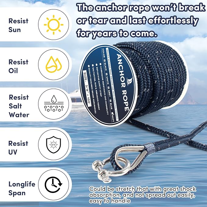 Anchor Rope 100 ft x 3/8 inch Navy Blue, Double Braided Anchor Line with Stainless Steel Thimble & Shackle, Boat Rope with Reflective Strip Ideal for Mooring,Anchoring,for Boats Up to 27'