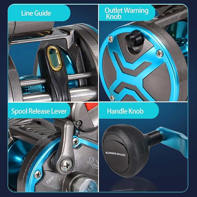 Burning Shark Baitcasting Fishing Reel, Smooth Powerful Round Baitcaster Reel, Saltwater Inshore Surf Trolling Reel, Conventional Reel for Catfish, Musky, Bass, Pike