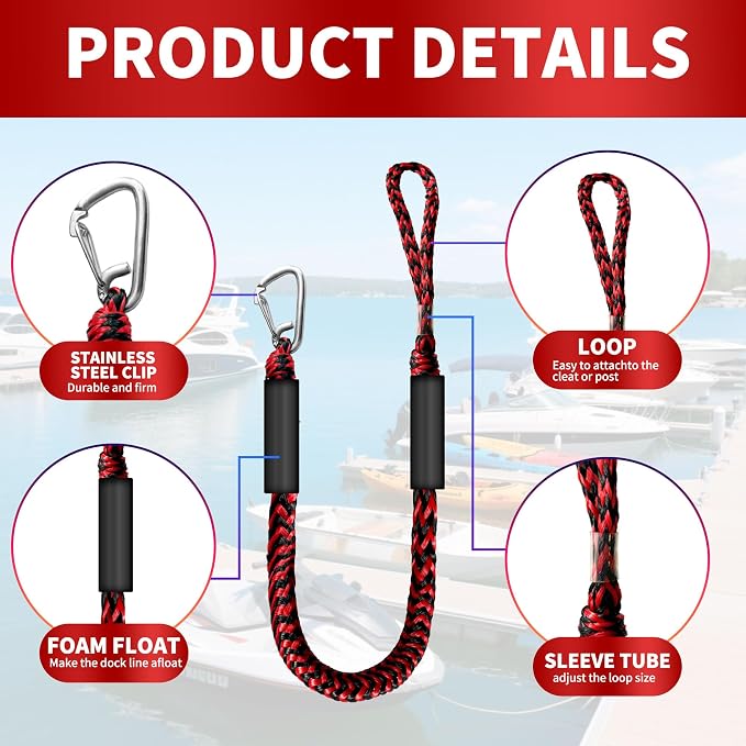 Bungee Dock Line with Stainless Steel Clip – Boat Dock Rope with Foam Float for Kayak, Canoe, Pontoon, Watercraft, SeaDoo, Docking – 4–5.5 ft, 2 Pack（Red&Black）