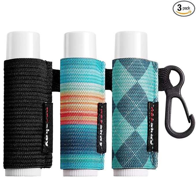 HEYSKAY 3PCS Lip Balm Holder Sleeves Keychain Chapstick Holder Keychain Lip Gloss Holder Keychain Chapstick Elastic Sleeves(Black/Color strip/Geometrical pattern)