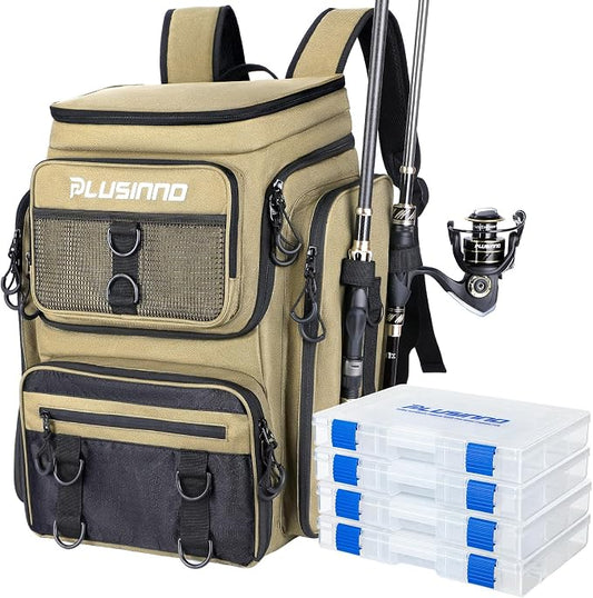 PLUSINNO Fishing Backpack with Rod Holders, 42L Large Water-Resistant Tackle Bag for Fishing, Camping, Hiking, Gifts, Khaki (4 Tackle Boxes Included), 36,6 x 25,4 x 45,7 cm, Sporty, functional