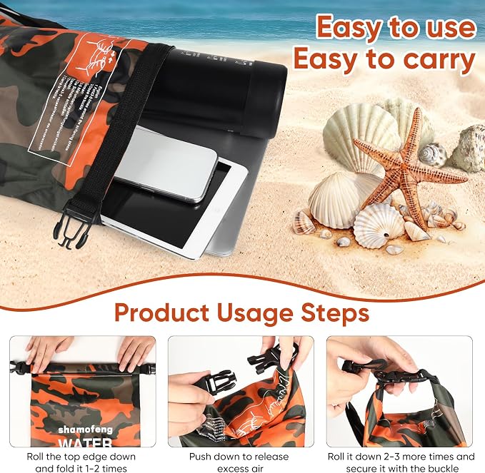 Waterproof Dry Bag 5L/10L/15L/20L/30L Roll Top Dry Storage Backpack with Phone Case, Collapsible Water Bottle, Sunglasses, Ear Band for Kayaking Boating Swimming Fishing Camping, Orange 15L