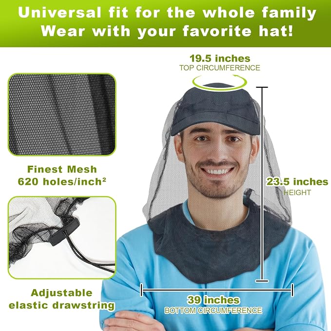 South to East Premium Mosquito Head Net for Insect 2 Pack, Ultra Clear View, Extra Fine Holes, Chemical-Free Fly & Bug Protection for Camping, Hiking, Fishing, Safari, Fit All Hats for Men & Women