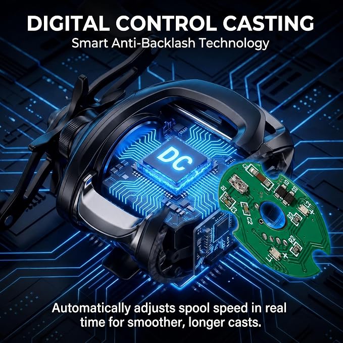 DC Baitcasting Reel with Smart Digital Brake, Anti-Backlash Fishing Reel with Signature DC Sound, Easy-Control 7.1:1 Baitcaster for Beginners & Bass Fishing