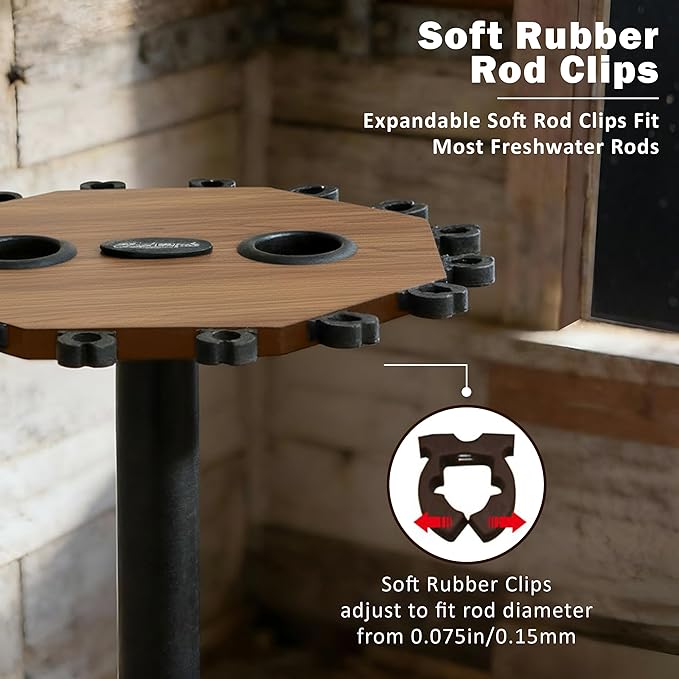 Rush Creek Creations 16-Rod Round Fishing Rod Holder for Garage, 360° Access Fishing Pole Holder for Fishing Rods, Reels, Gear, and Accessories, Securely Holds 16 Rods, Wood Grain
