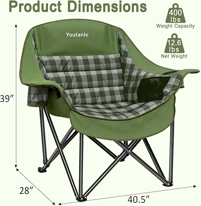 Youtanic Oversized Extra Large Padded Camping Chair, Heavy Duty 400 lbs Foldable Lawn Chair, Ergonomic Outdoor Seat with Plaid Design, Cup Holders & Storage Pockets for Fishing, Sports, Green
