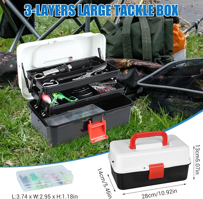 3 Layers Fishing Tackle Box, 213Pcs Fishing Lures Kit with Small Fishing Tool Kit Containing Weights Scale, Lip Clip, Hook Remover, Fishing Accessories, Fishing Gear for Beginners Kids, Men, Adults
