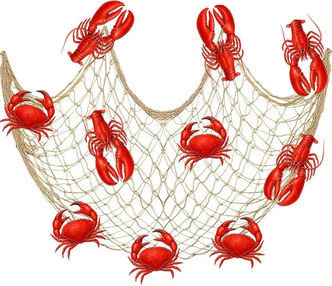 Silipull 11 Pcs Crawfish Crab Party Decorations Kit Fishing Net Cute Cardstock Photo Prop for Birthday Sea Animal Indoor Outdoor Dessert Table Party Supply