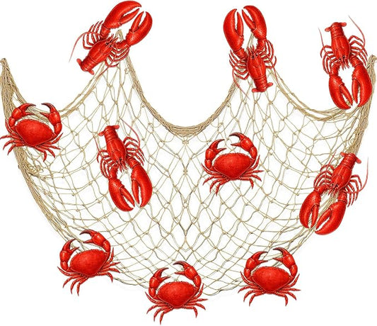 Silipull 11 Pcs Crawfish Crab Party Decorations Kit Fishing Net Cute Cardstock Photo Prop for Birthday Sea Animal Indoor Outdoor Dessert Table Party Supply