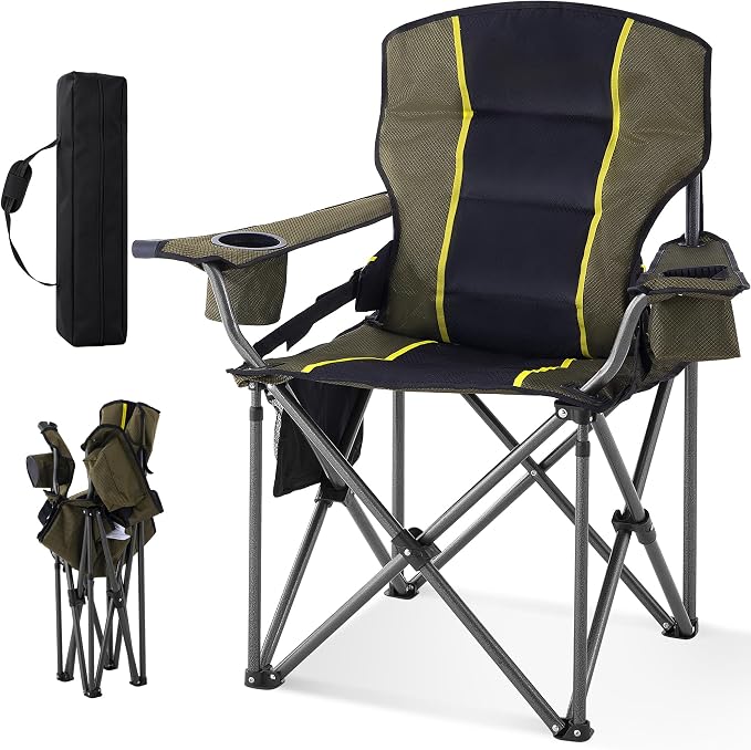Portable Camping Chair for Adults Heavy Duty 450LBS Thick 600D Oxford Fabric, Waist Support Outdoor Oversized Camping Chairs with Cup Holder and Ice Bag for Sports, Fishing, Lawn (Black & Green)