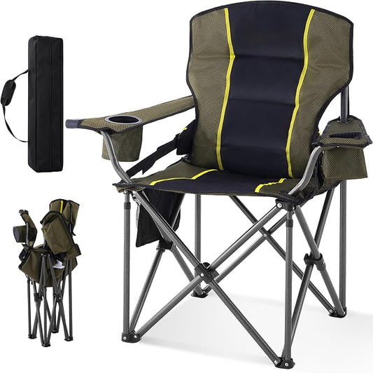 Portable Camping Chair for Adults Heavy Duty 450LBS Thick 600D Oxford Fabric, Waist Support Outdoor Oversized Camping Chairs with Cup Holder and Ice Bag for Sports, Fishing, Lawn (Black & Green)