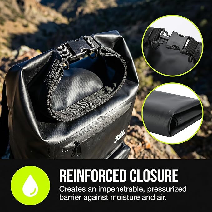 Greencity 100% Waterproof Roll-Top Dry Bag Backpack with Front Splash-Proof Pocket, Lightweight Floating Pack for Kayaking, Hiking & Travel,35L (Black)