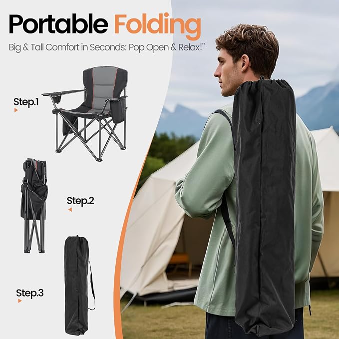 WEIDIORME 2 Pack Heavy Duty Oversized Camping Chair for Adults 400lbs w/Lumbar Support - Folding Chairs with Side Pocket, Cup Holder & Cooler Bag for Beach, Fishing, Lawn, Backyard Black