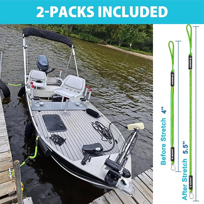 Obcursco 4FT Bungee Dock Lines with 316 Stainless Steel Clip, Heavy Duty Shock Absorbing Boat Rope Mooring Tie Down for Pontoon, Jet Ski, SeaDoo, Yamaha WaveRunner (2 Pack, Yellow/Green)