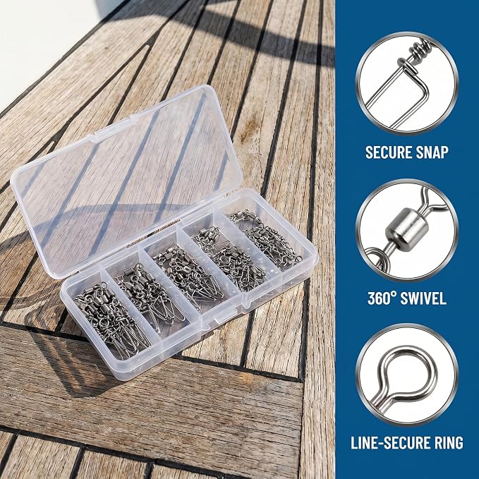 110PCS Stainless Steel Barrel Snap Swivel Fishing Accessories, Premium Fishing Gear Equipment with Ball Bearing Swivels Snaps Connector for Quick Connect Fishing Lures