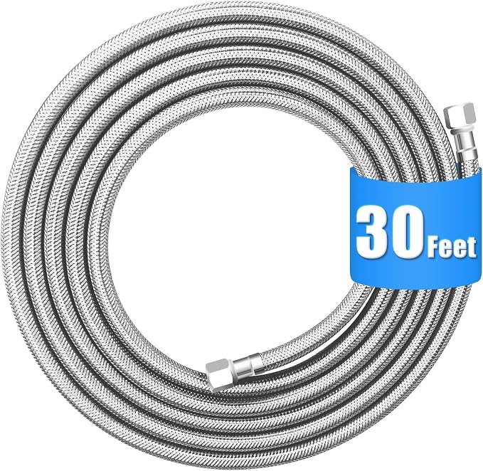Refrigerator water line - 30 FT Premium Stainless Steel Braided Ice Maker Water Hose,Food grade PEX Inner Tube Fridge Water Line with 1/4" Fittings for Refrigerator Ice Maker