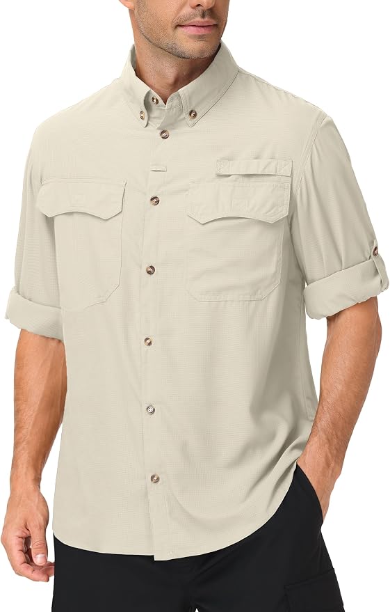 Roadbox Men's Sun Protection Fishing Shirt, Long Sleeve Cool Dry Lightweight UPF 50+ Shirts for Hiking Safari Camping Travel