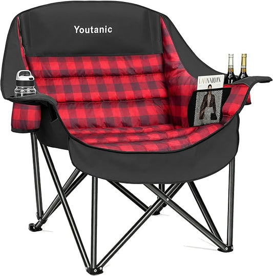 Youtanic Oversized Extra Large Padded Camping Chair, Heavy Duty 400 lbs Foldable Lawn Chair, Ergonomic Outdoor Seat with Plaid Design, Cup Holders & Storage Pockets for Fishing, Sports, Red-Black