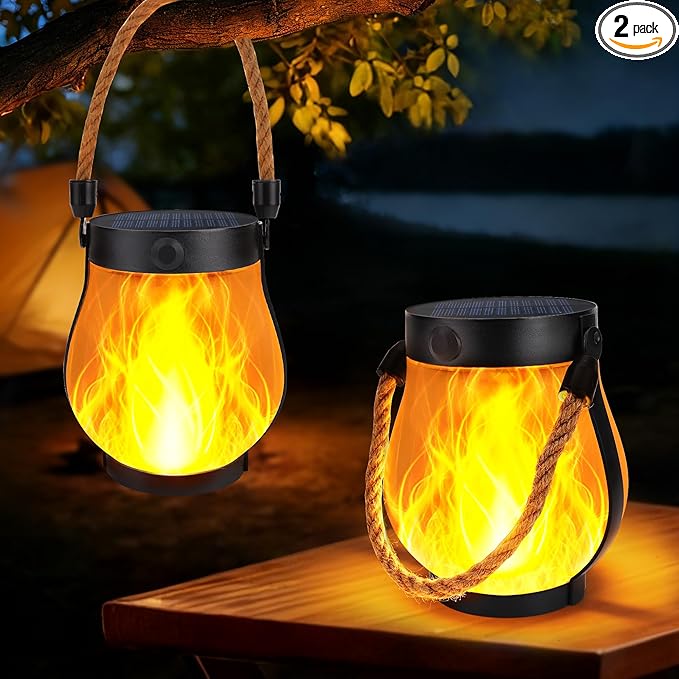 Toodour Solar Lanterns Outdoor Lights, 2 Pack Waterproof Flickering Flame Hanging Lanterns with 2 Modes, Dual Charging USB/Solar Solar Lights for Camping Patio Garden Yard Porch Deck Outdoor Decor