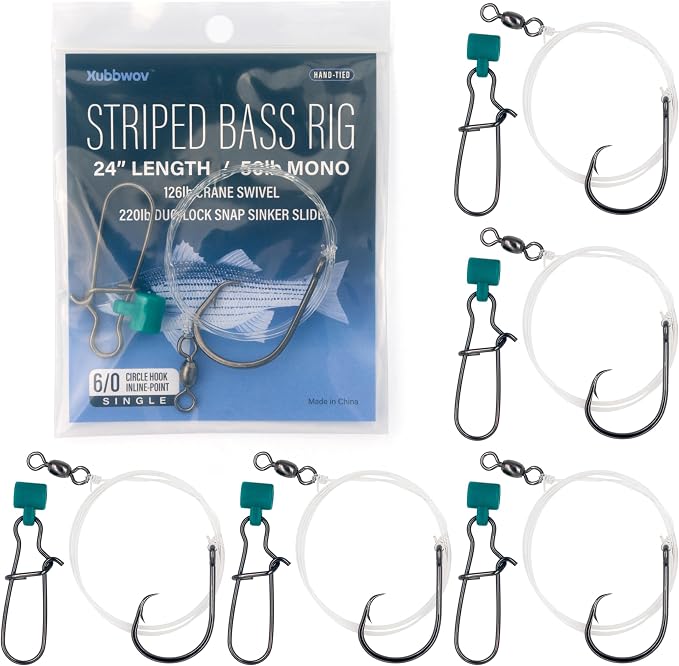 Striped Bass Rigs, 6/0 Inline Circle Hook with 24" 50lb Mono Leader Fish Finder Slider Rigs, 6-Pack Hand-Tied Saltwater Surf Fishing Tackle with 126lb Swivel & 220lb Snap for Striper Fishing