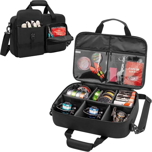 Rexmica Fishing Reel Case for Spinning Reels, Fly Fishing Reels, Baitcaster Fishing Reels, Fishing Reel Storage Bag with Multiple Pockets and Dividers, Fishing Gear Bag for Fishing Trip/Daily Storage