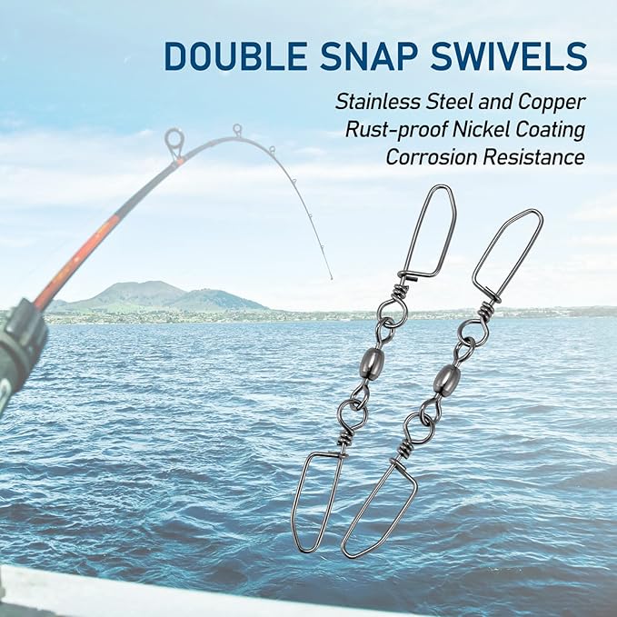 Dr.Fish 20 Pack Double Snap Swivels, High Strength Crane Barrel Swivels Coastlock Snaps Stainless Rust Resistant Saltwater Connector Trolling Planer Board Line Release Clips