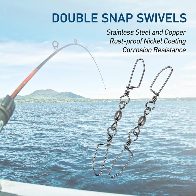 Dr.Fish 20 Pack Double Snap Swivels, High Strength Crane Barrel Swivels Coastlock Snaps Stainless Rust Resistant Saltwater Connector Trolling Planer Board Line Release Clips