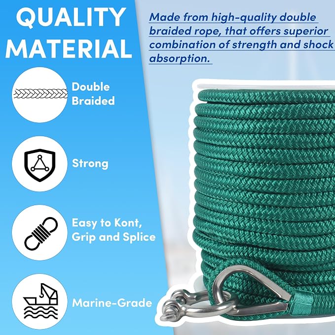 Boat Anchor Rope 100 ft x 1/2 inch Forest Green, Double Braided Anchor Line with Stainless Steel Thimble & Shackle, Marine Rope Ideal for Towing,Mooring,Decks,Anchoring,for Boats Up to 35'