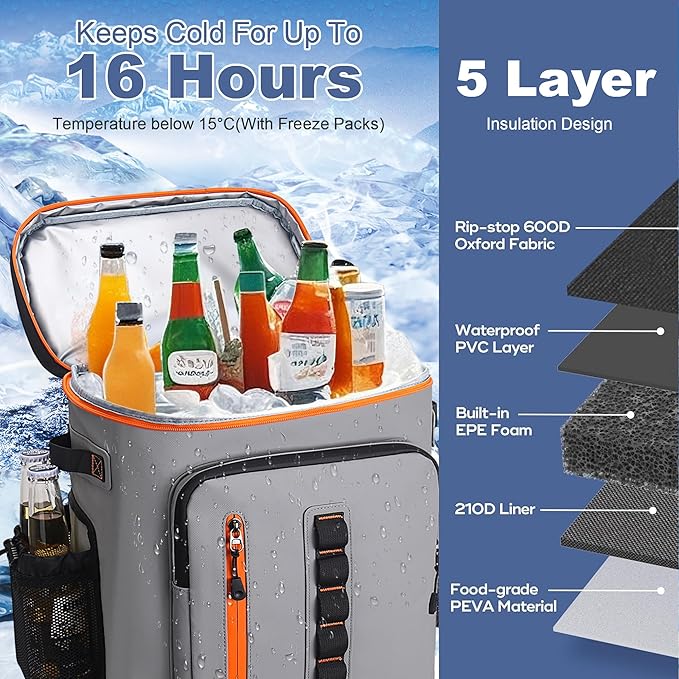 35 Can Insulated Cooler Backpack, Waterproof Leak Proof Cooler Bag for Beach Hiking Camping Travel Outdoor