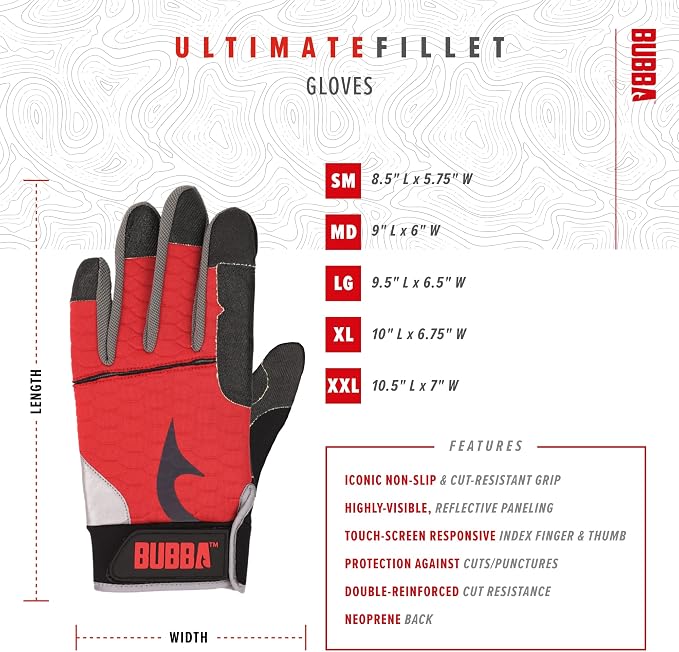 BUBBA Ultimate Fillet Gloves - Cut Resistant - Touch Screen Usability for Fishing, Angling, Boating & Outdoors