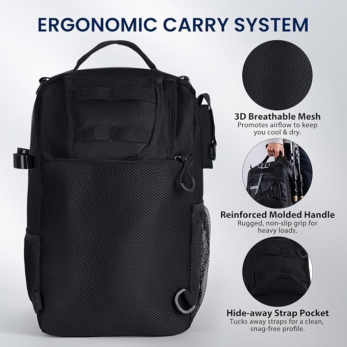 Goture Black Fishing Bag with Tackle Boxes, Crossbody Sling Tackle Backpack for Men, 20L Large Capacity Fits 3600 Trays, Durable Fishing Gear Storage, Best Fishing Gifts for Anglers