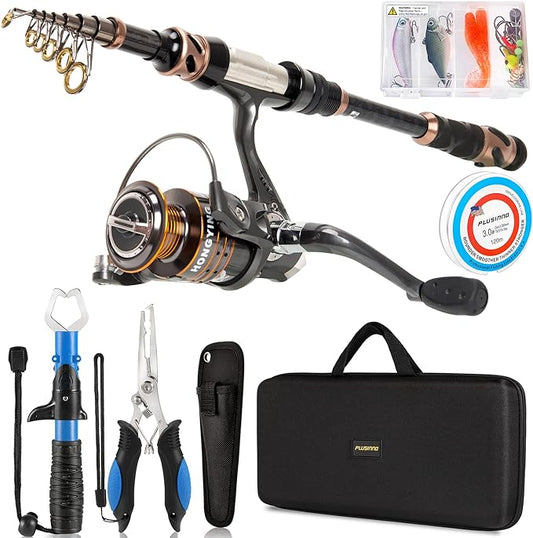 PLUSINNO Fishing Rod and Reel Combos - Carbon Fiber Telescopic Fishing Pole - Spinning Reel 12 +1 Shielded Bearings Stainless Steel BB