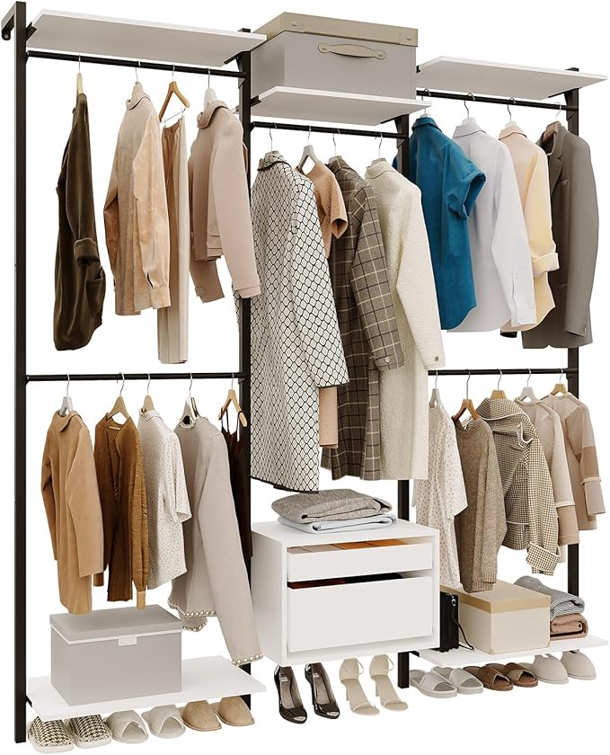 Wall-Mounted Steel & Wood Closet Organizer System with 4 Adjustable Shelves, 5 Hanging Rods, and 2 Drawers – Modern Open Wardrobe, White