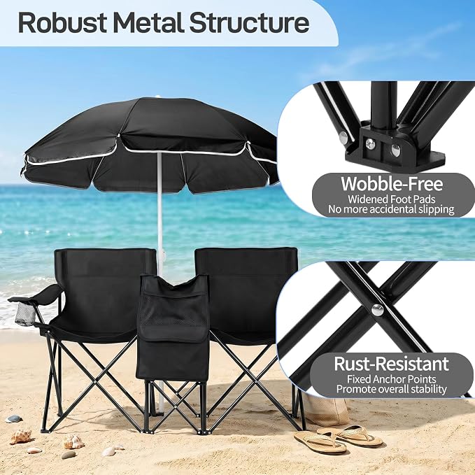 XL Double Folding Camping Chair with Removable Umbrella, Heavy Duty 480lbs Capacity Portable Love Seat with Cooler Bag, Cup Holders & Side Pocket for Beach, Fishing, Picnic, Black