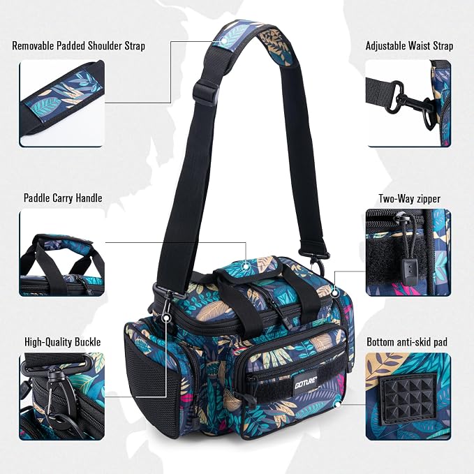 Goture Fishing Tackle Bag, 600D Water-Resistant Soft Side Crossbody Sling Bag for Men & Women,Small Gear Storage Tactical Bags for Saltwater & Freshwater,Fits 3 3600 Tackle Boxes(Not Included)
