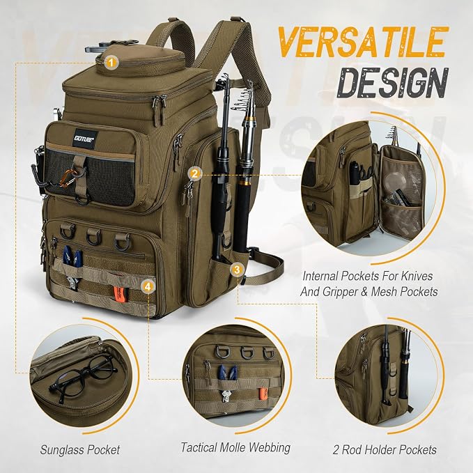 Goture Fishing Backpack, 900D Water-Resistant Tackle Bag with Rod Holders, Insulated Cooler Compartment, 55L Large Capacity Fishing Gear Storage for Saltwater&Freshwater Camping Hiking,Gifts for Men