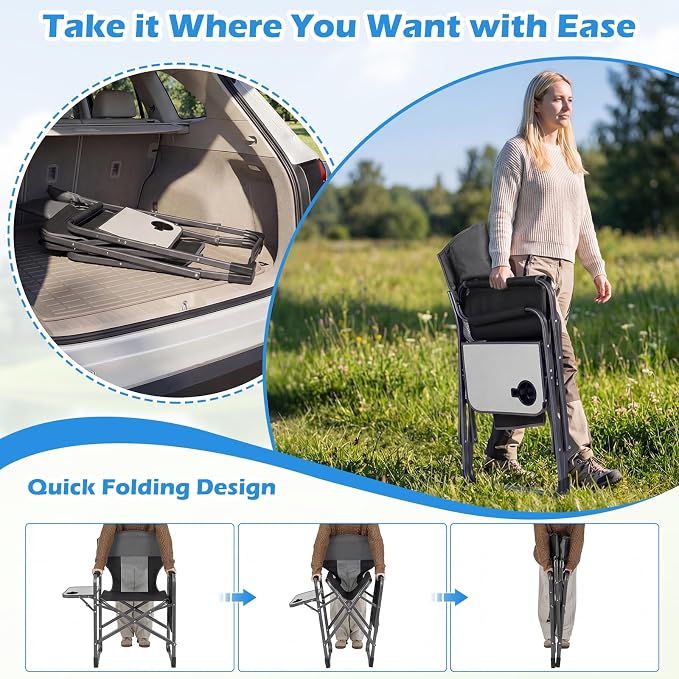 COSTWAY Oversized Folding Camping Chair with Padded Seat, Side Table, Cup Holder & Storage Pocket, Heavy-Duty Portable Director's Chair for Beach, Fishing, Picnic & Sports, Supports 400 lbs (Black,1)