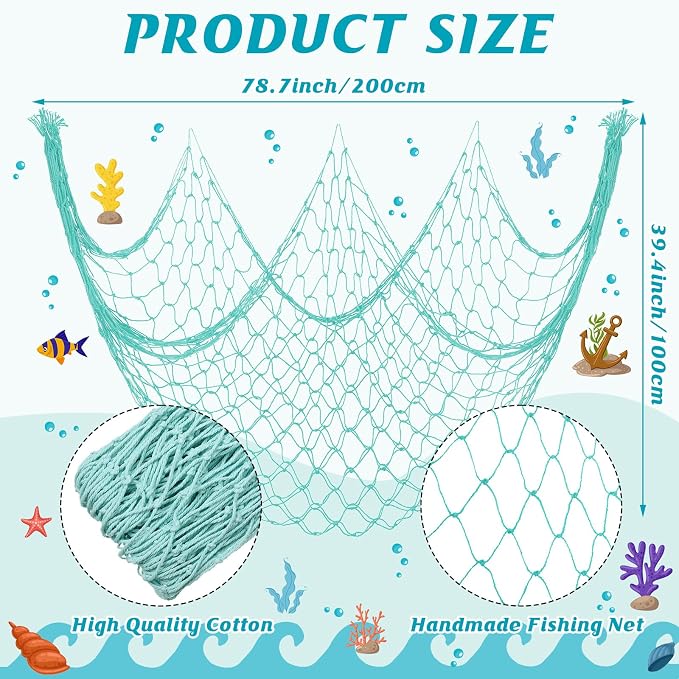 12 Pack Decorative Fish Netting for Party 80 x 40 Inch Natural Cotton Fish Net Decorations for Pirate Ocean Under The Sea Hawaiian Mermaid Party Picture Wall Hanging Decoration(Blue)