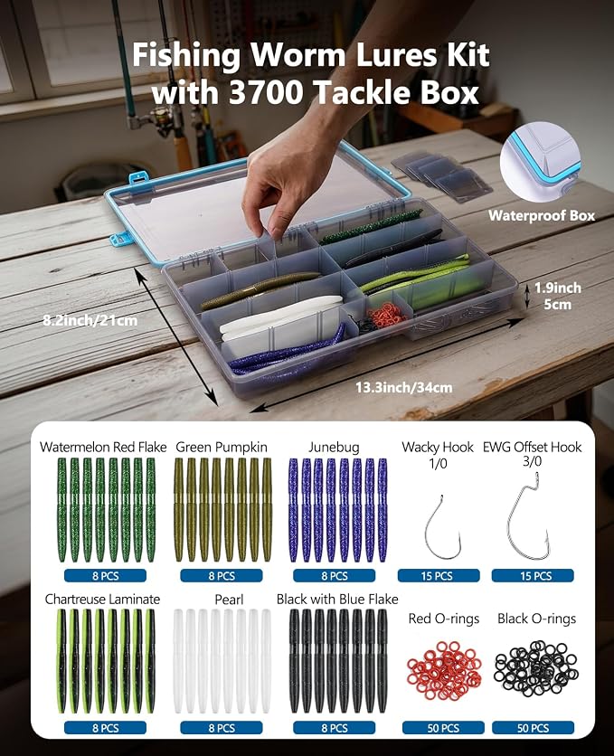 KEXMO 179PCS Wacky Worm Wacky Rig Kit for Bass Fishing, 48PCS 5.5" Worms Soft Plastic Lure with Salt Impregnation, 6 Premium Colors, 30 Hooks and 100 O-Rings with a Waterproof 3700 Tackle Box