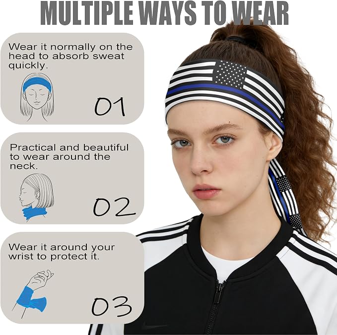 Flag Tie Headbands for Men Women, Moisture Wicking Sweatband Breathable Sports Headwrap, Non-Slip Stretchy Adjustable Fitness Hair Band