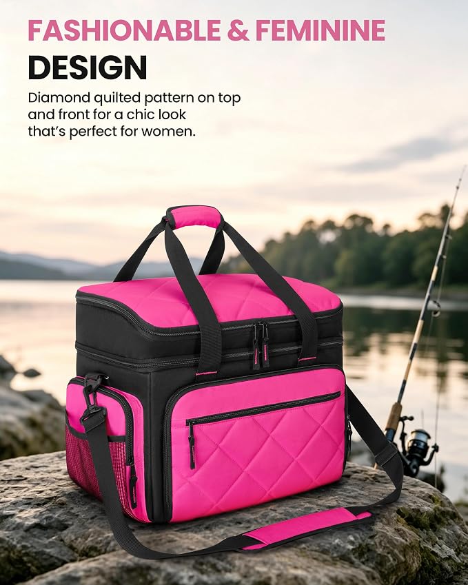 Smasrob Fishing Tackle Bag with Large Lure Boxes Pocket and Extra Top Tackle Trays Pocket, Fish Bag for Saltwater and Freshwater (Tackle Trays Not Included), Rose