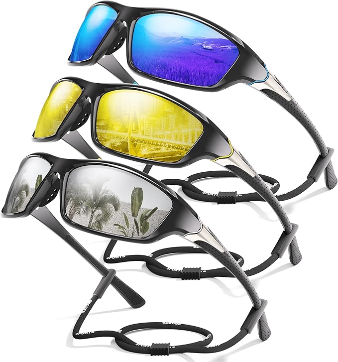 3 Pack Polarized Sports Sunglasses for Men, Mens Sunglasses Wrap Around UV Protection for Cycling Fishing Driving