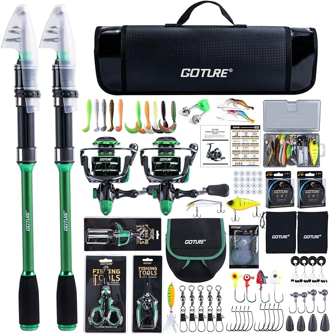 Goture Fishing Poles and Reels Combo - Green Telescoping Fishing Rod Portable Travel Kit with Carrier Bag for Freshwater Saltwater