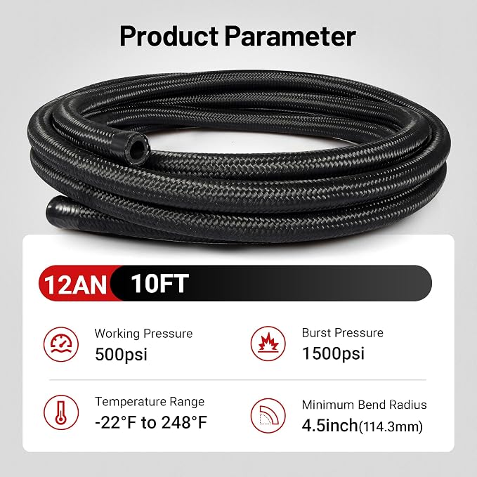 EVIL ENERGY 12AN Fuel Line, AN12 Braided Fuel Hose Nylon CPE 10FT Black
