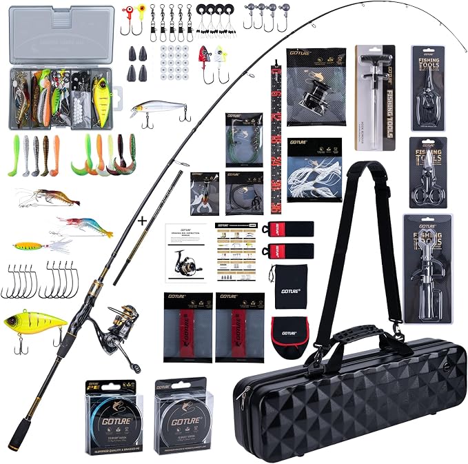 Goture Travel Fishing Rod and Reel Combo, Dual-Length Fishing Pole with 900D Carrier Bag, Complete Fishing Kit with Lures & Accessories for Surf Casting Shore Fishing