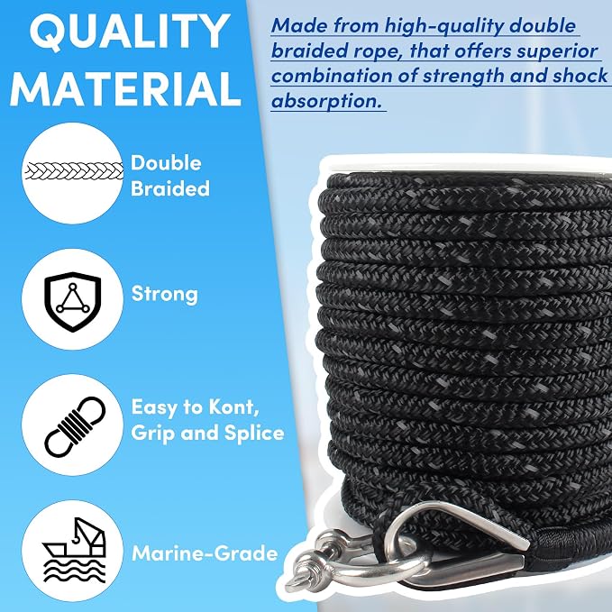 Anchor Rope 100 ft x 3/8 inch Black, Double Braided Anchor Line with Stainless Steel Thimble & Shackle, Boat Rope with Reflective Strip Ideal for Towing,Mooring,Anchoring,for Boats Up to 27'